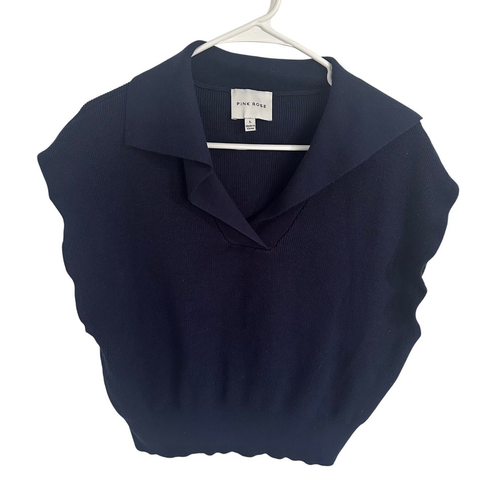 Pink Rose Knit‎ Top Sleeveless Collared Ribbed Sweater Navy Blue L